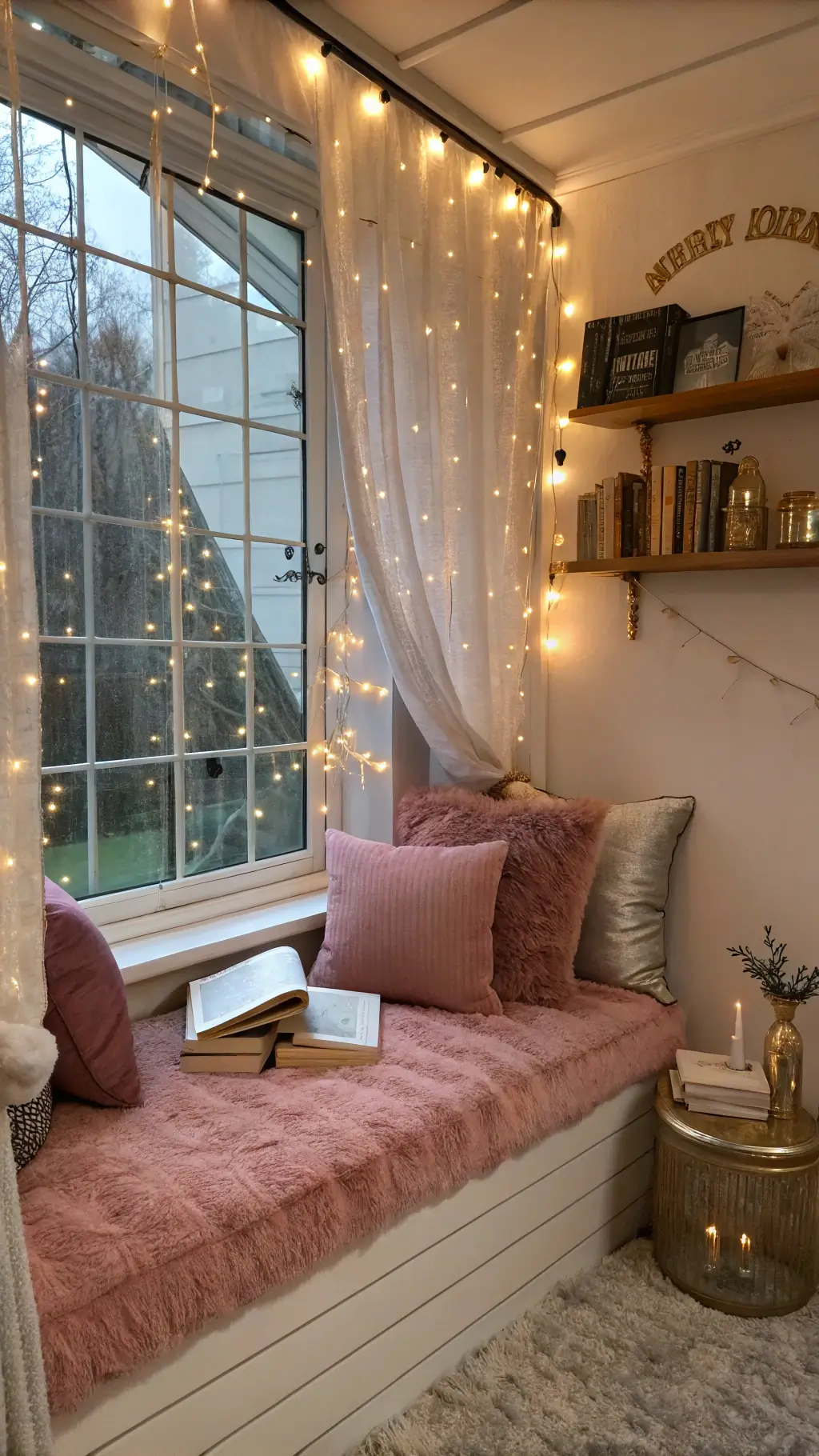 Close-up of a cozy 10x12ft bedroom alcove at twilight, focusing on reading nook with built-in window seat, velvet cushions, antiqued mirror panels, string lights tangled in sheer drapes, metallic accents, vintage books and vase with peonies.