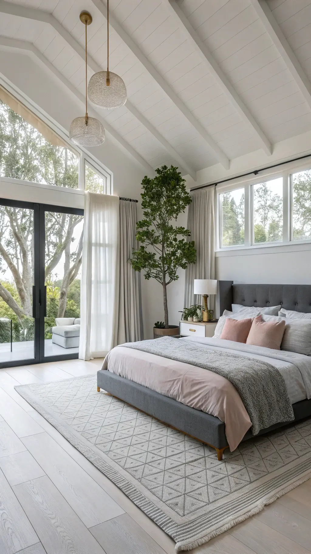 Modern romantic bedroom suite bathed in morning light featuring floor-to-ceiling windows, a charcoal linen platform bed with colorful pillows, minimalist pendant lights, a potted olive tree, and white oak flooring with a geometric rug.