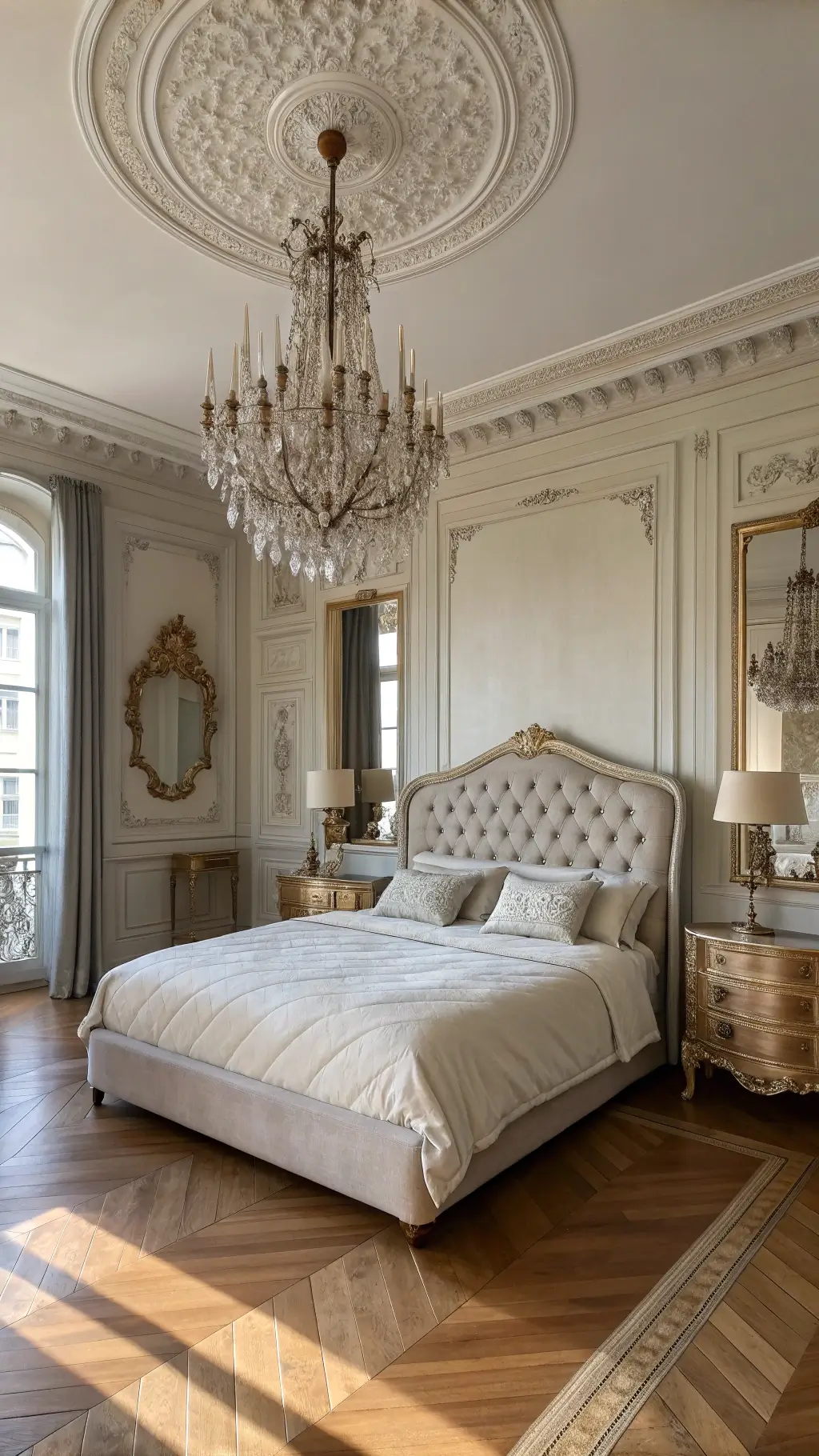 French-inspired bedroom in morning light with cream moldings, pearl grey grasscloth walls, king bed with linen headboard, crystal chandelier, antique gold mirrors, and silk drapes on herringbone hardwood floors