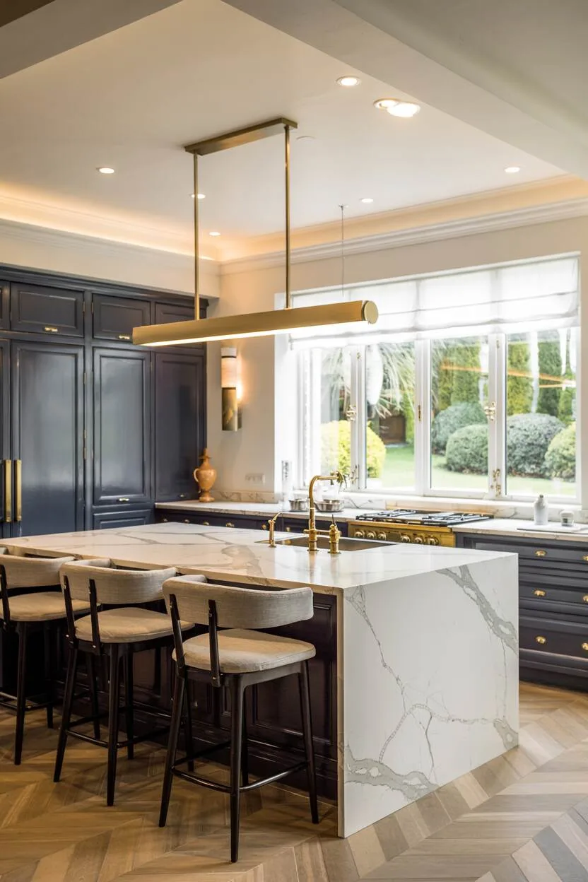 Luxury kitchen with navy cabinetry and brass lighting