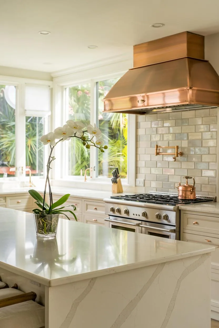 Minimalist kitchen featuring white quartz island and copper range hood