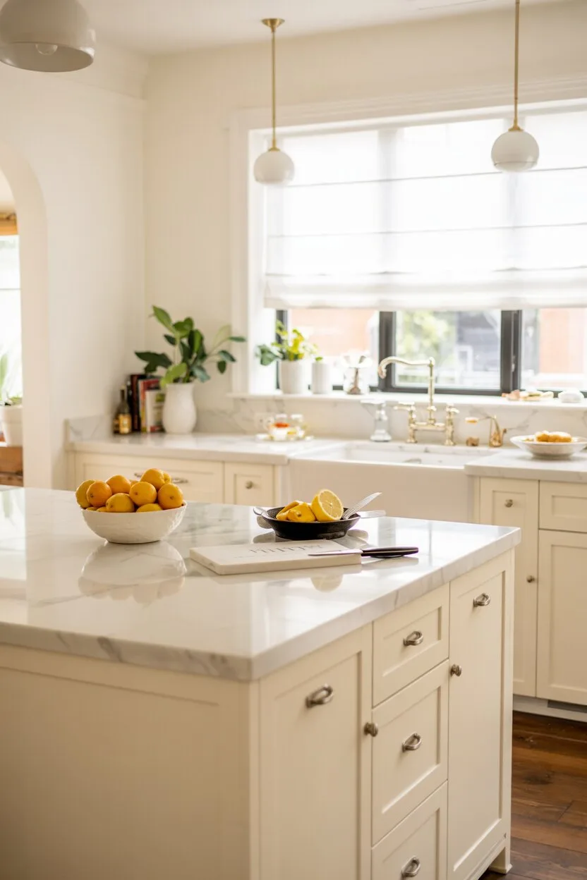Modern kitchen with white marble island and gold accents