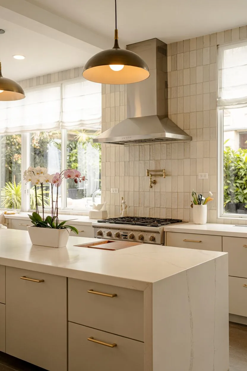 Minimalist kitchen with professional-grade gas range and grey tiles