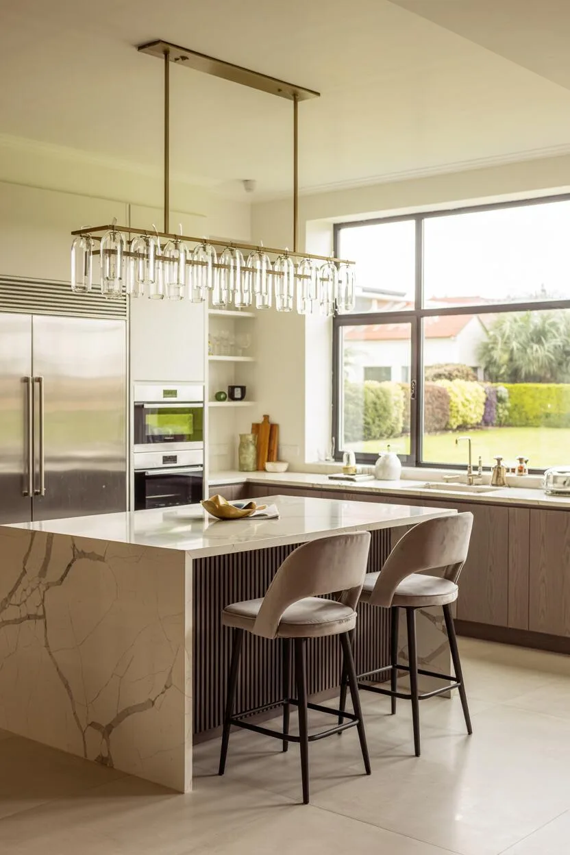 Modern kitchen with velvet bar stools and dark wood cabinetry