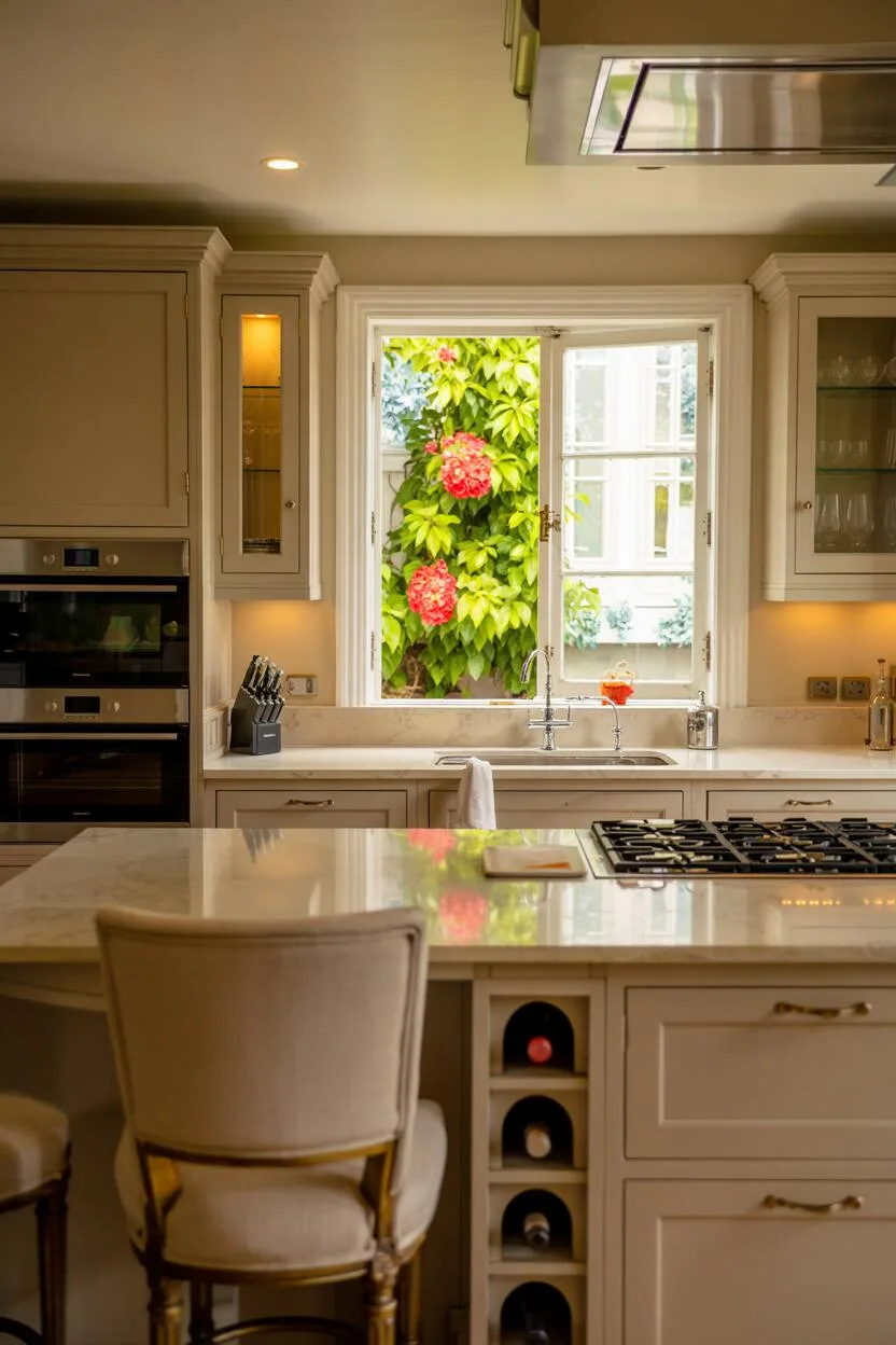 Modern kitchen with built-in wine rack and dark grey cabinetry