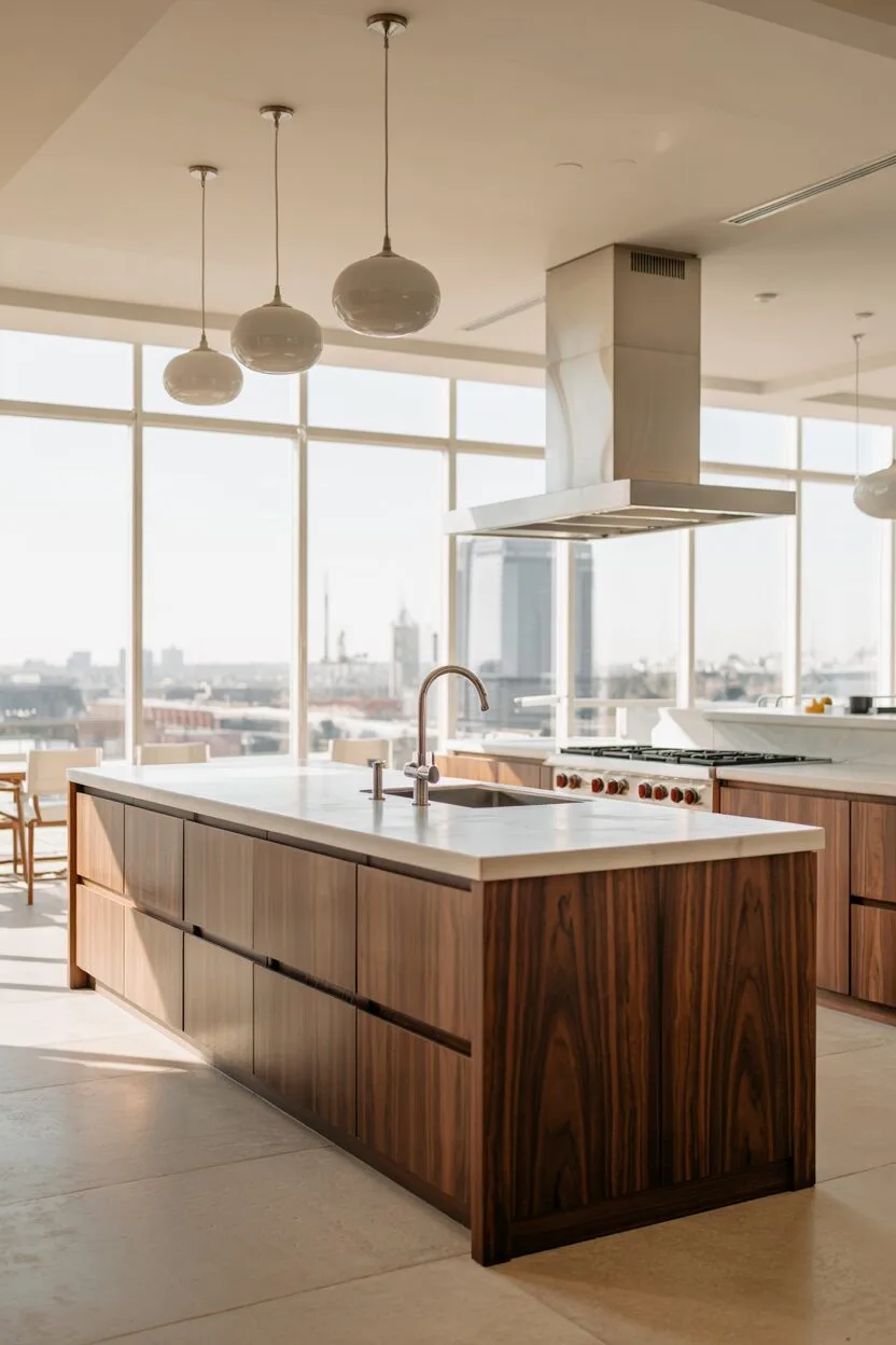 Luxury kitchen with city views, dark walnut cabinetry, and white island