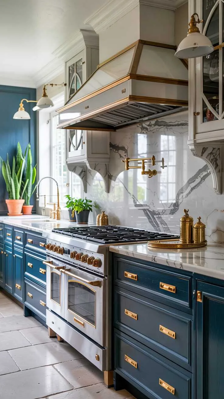 Luxury kitchen with deep blue cabinets and gold hardware