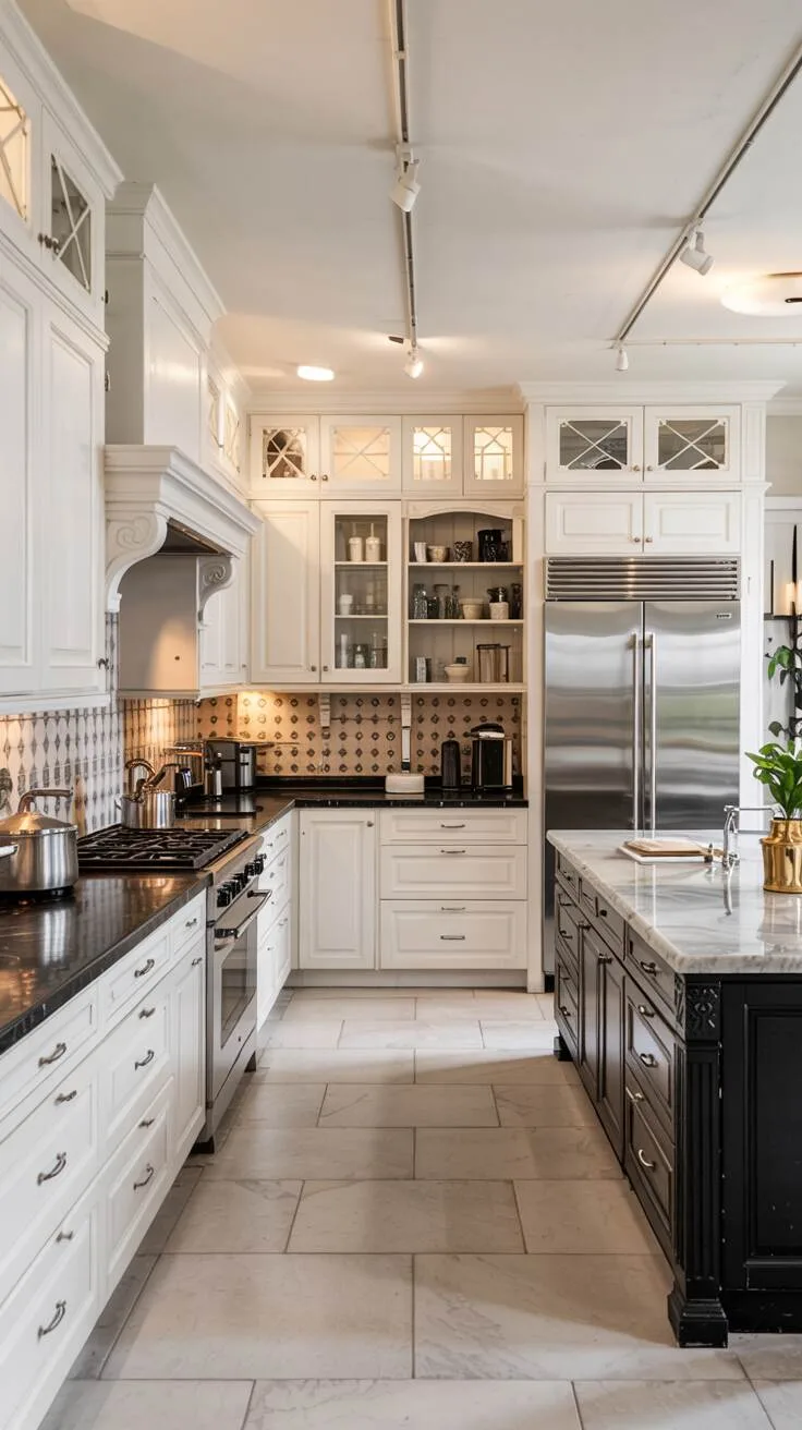 Monochrome kitchen with geometric backsplash and black island