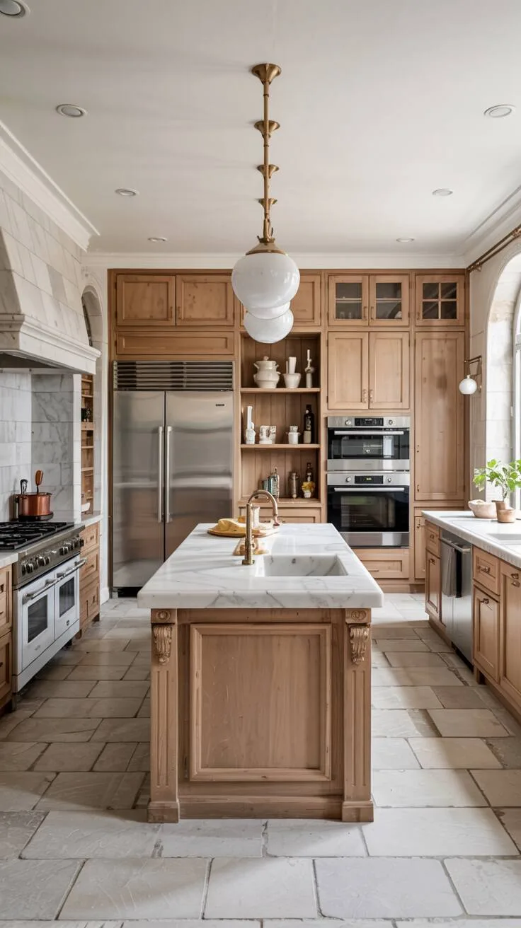 Luxury kitchen with light wood cabinets and marble island