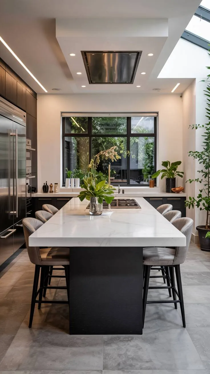 Luxury kitchen with velvet stools and quartz island