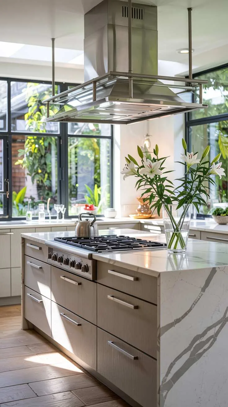 Modern kitchen with warm gray cabinetry and fresh lilies