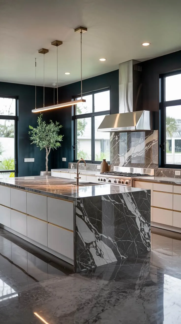 Luxury kitchen with dark teal walls and olive tree