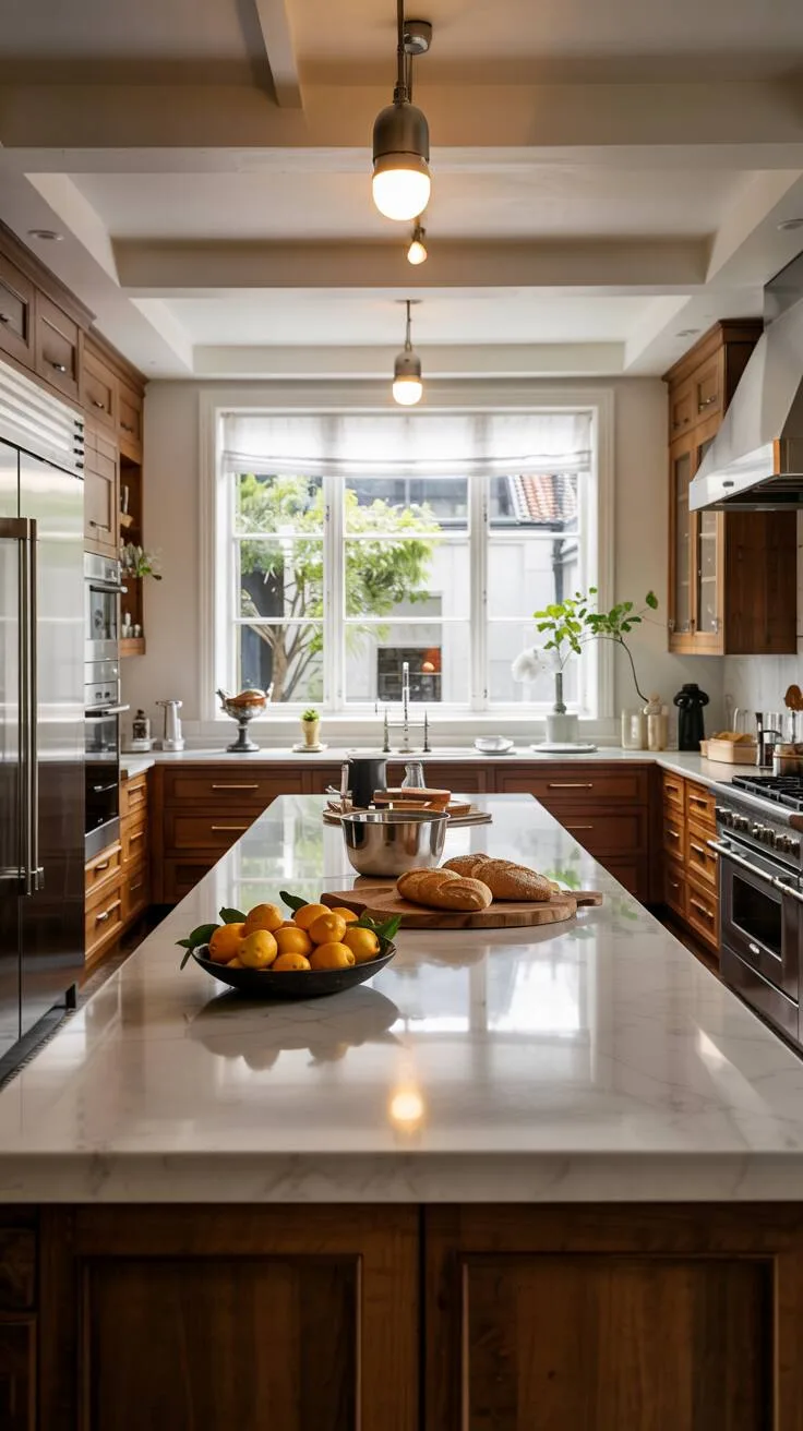 Minimalist kitchen with lemons and artisan bread on quartz island