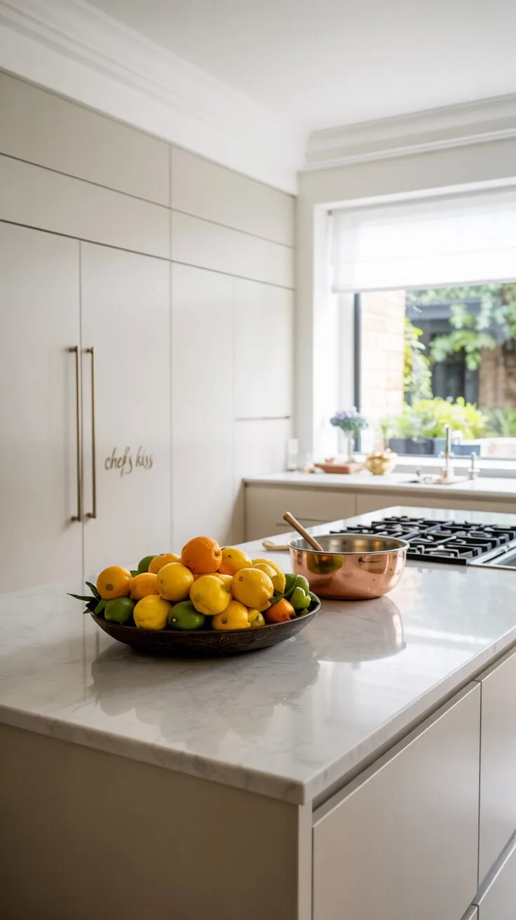 Minimalist kitchen with citrus fruits and copper bowl