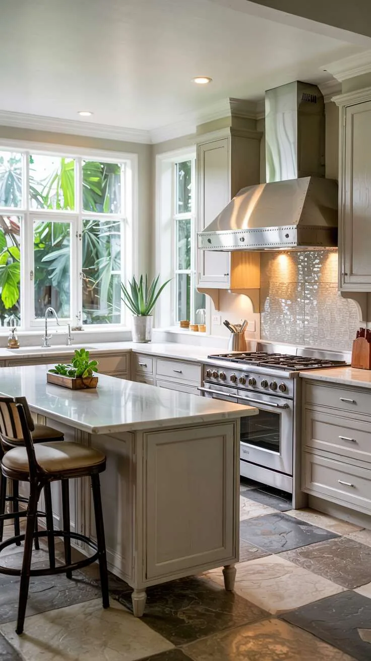 Luxury kitchen with dark grey cabinetry and mosaic backsplash
