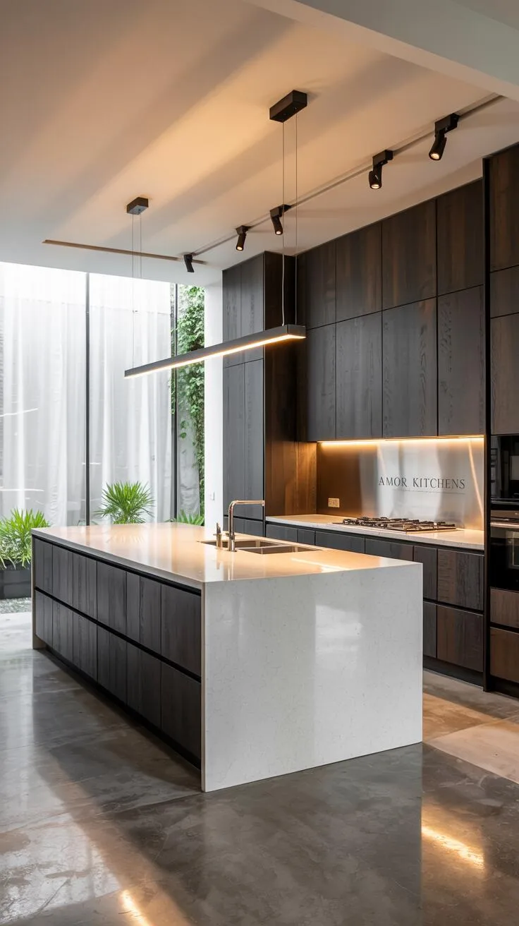 Minimalist kitchen with quartz island and branded backsplash