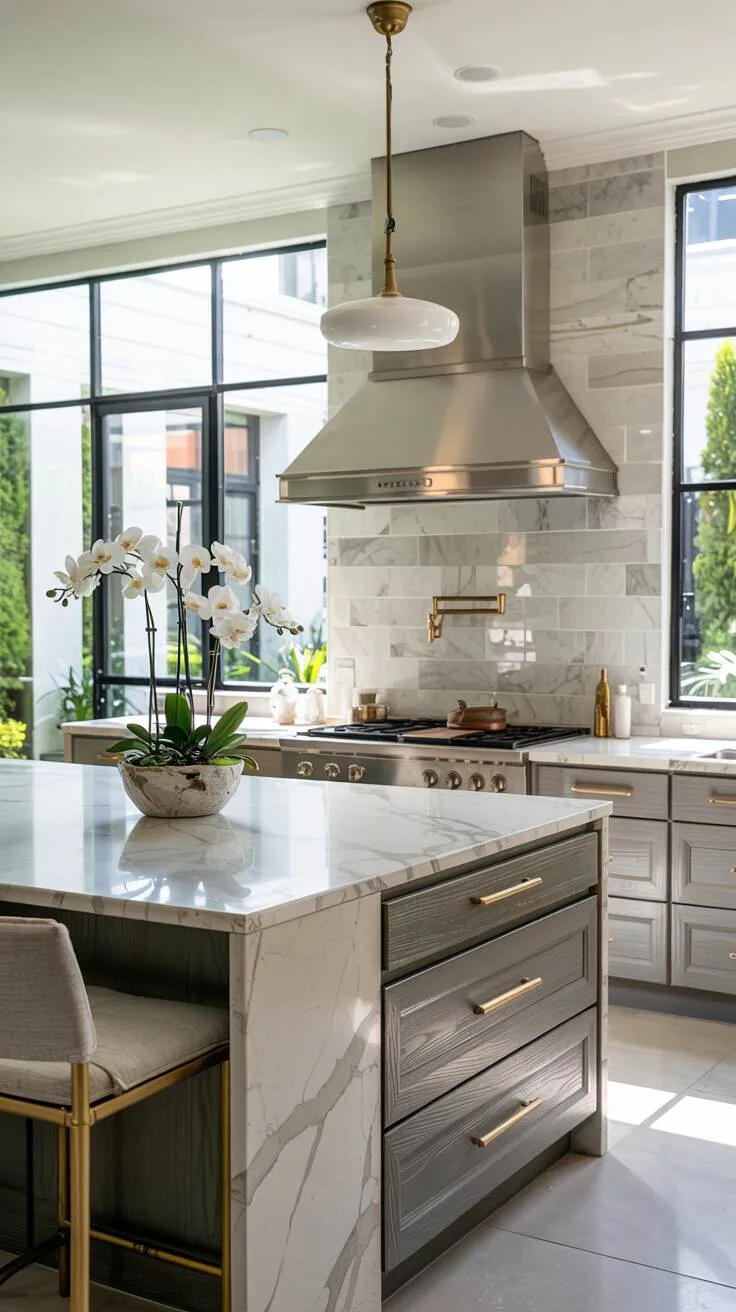 Luxury kitchen with white quartz waterfall island and gold hardware