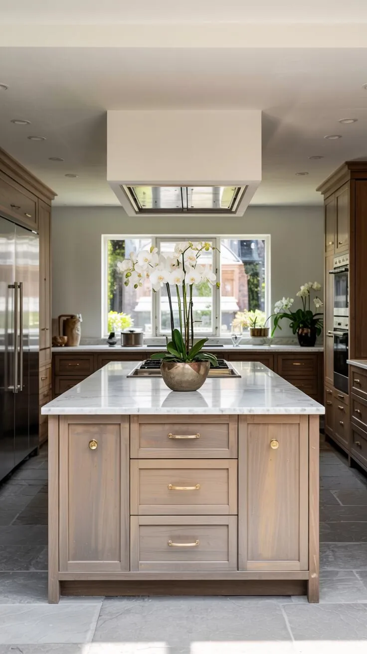 Kitchen with white quartz island, grey cabinetry, and orchids