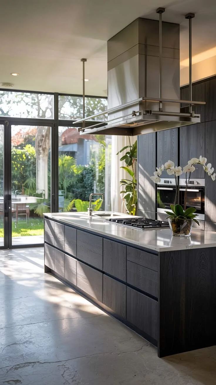 Large kitchen with floor-to-ceiling windows and dark cabinetry