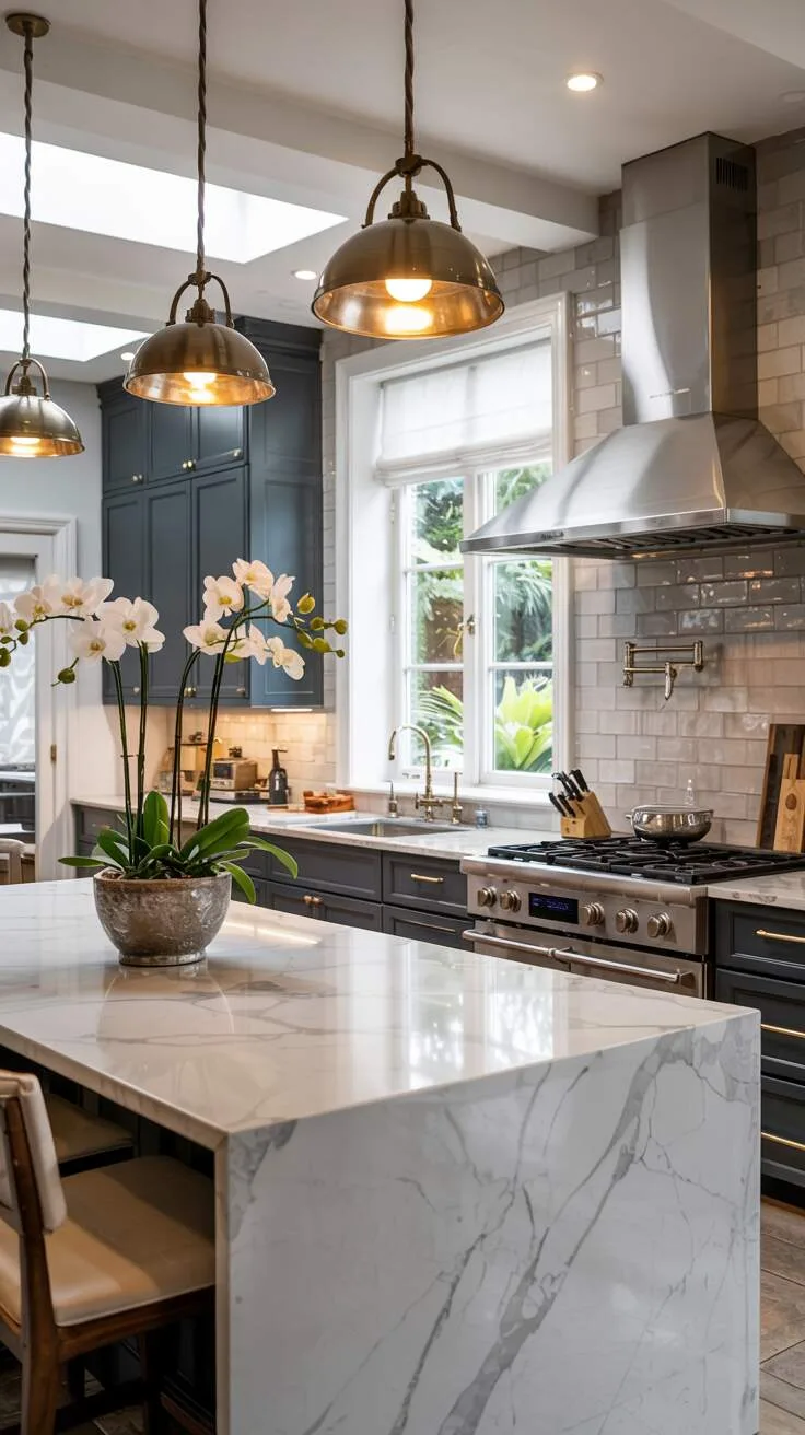 Kitchen with navy cabinetry, gold pendants, and marble island