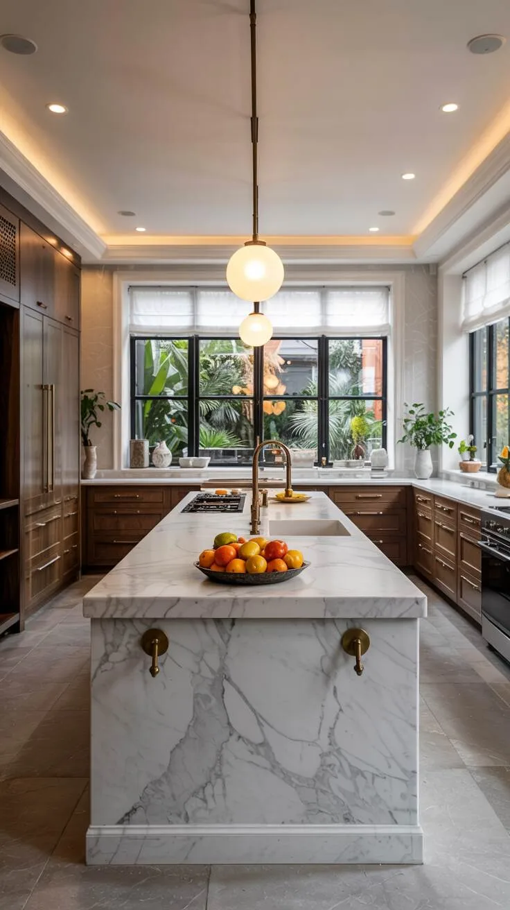 Modern kitchen with marble island and bowl of citrus fruits
