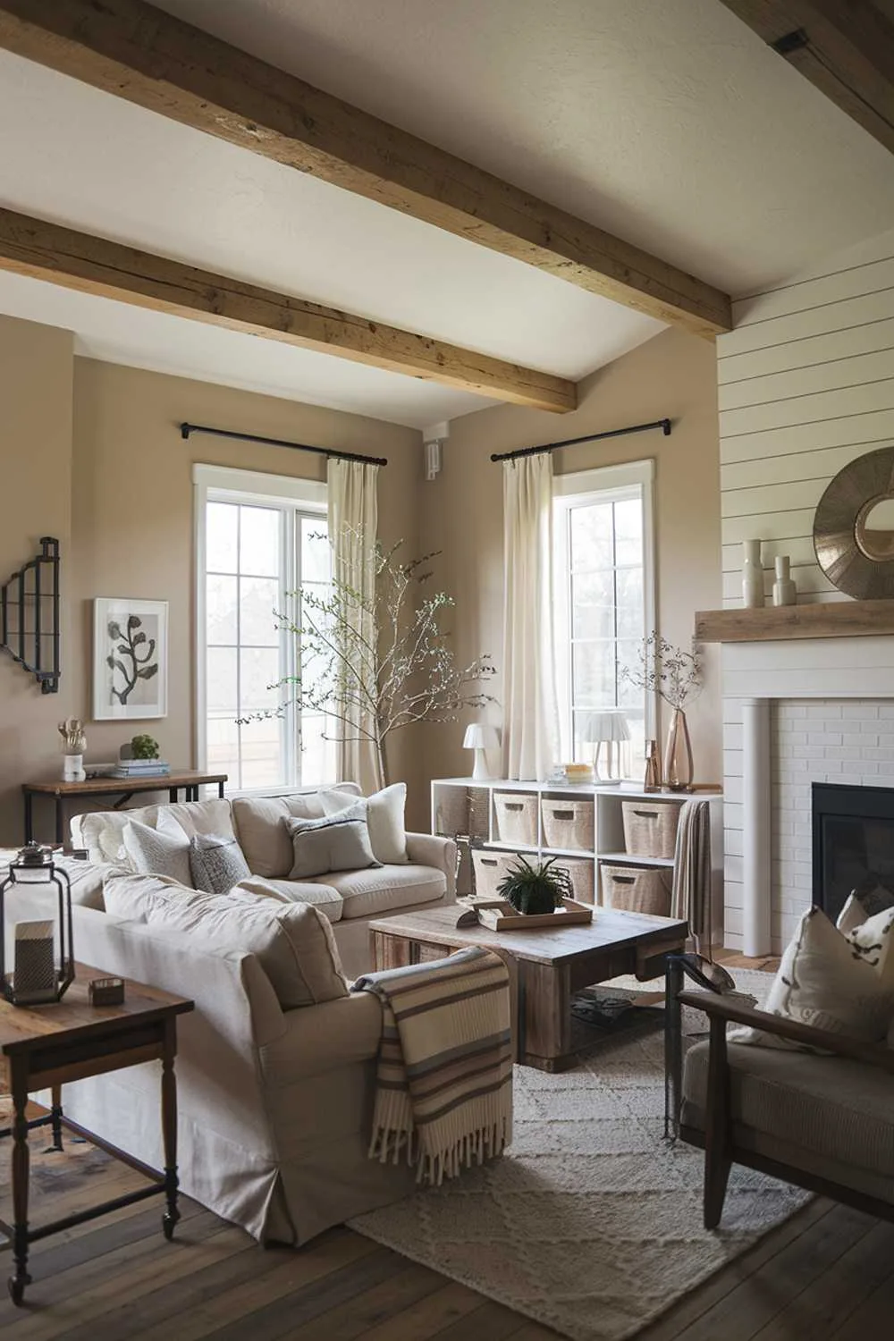 Cozy modern farmhouse living room with wooden beam ceiling, white fireplace, beige sofa, and wooden coffee table.