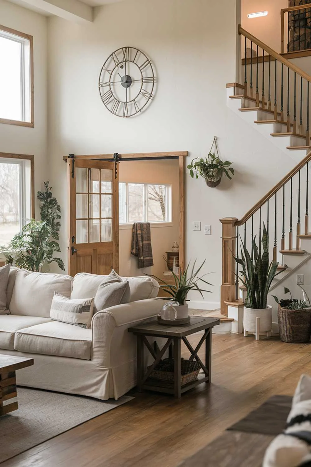 Warm modern farmhouse living room with plush beige sofa, wooden coffee table, large wall clock, and potted plants.
