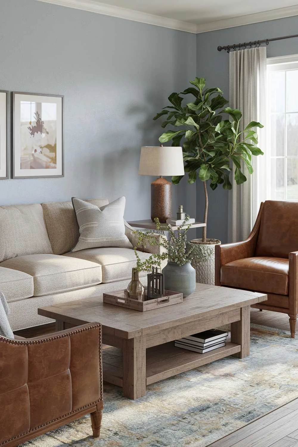 Modern farmhouse living room with light blue walls, beige sofa, brown leather chair, wooden coffee table, and decorative accents.