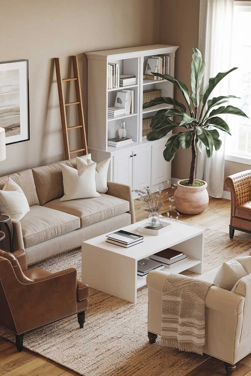Modern farmhouse living room with beige sofa, brown leather armchair, white coffee table, wooden ladder leaning against bookshelf, and large potted plant.