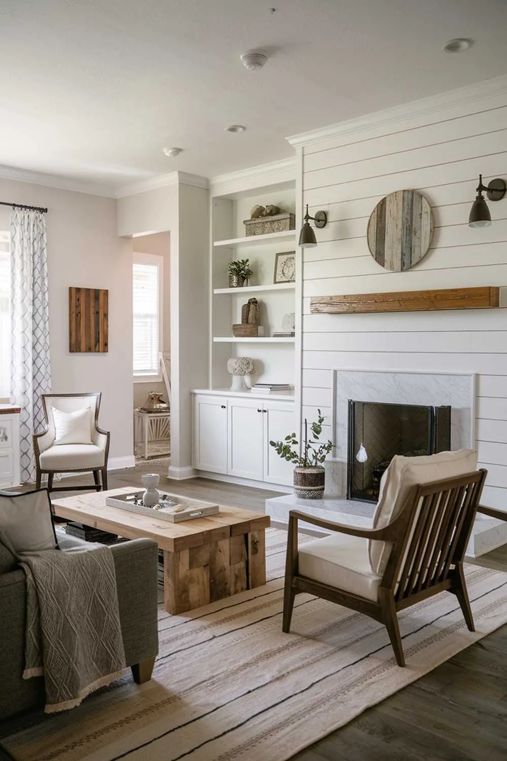 Modern farmhouse living room with white wall-mounted fireplace, wooden mantel, grey sofa, wooden coffee table, and white chair.
