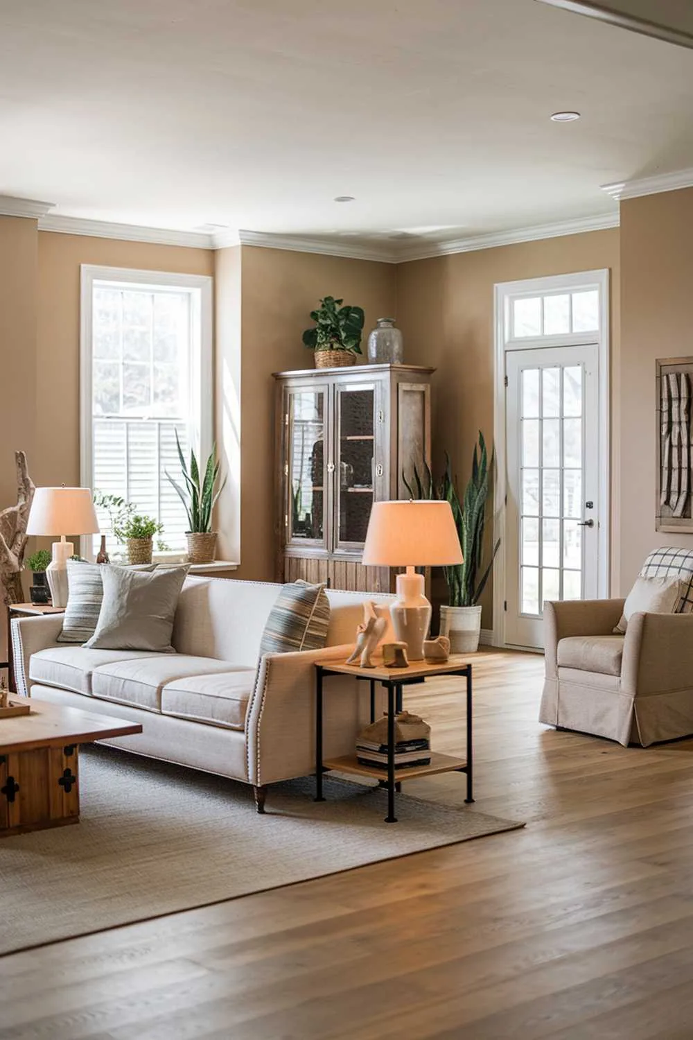 Modern farmhouse living room with light wood floor, beige walls, beige sofa, wooden coffee table, beige armchair, wooden cabinet, and potted plants.