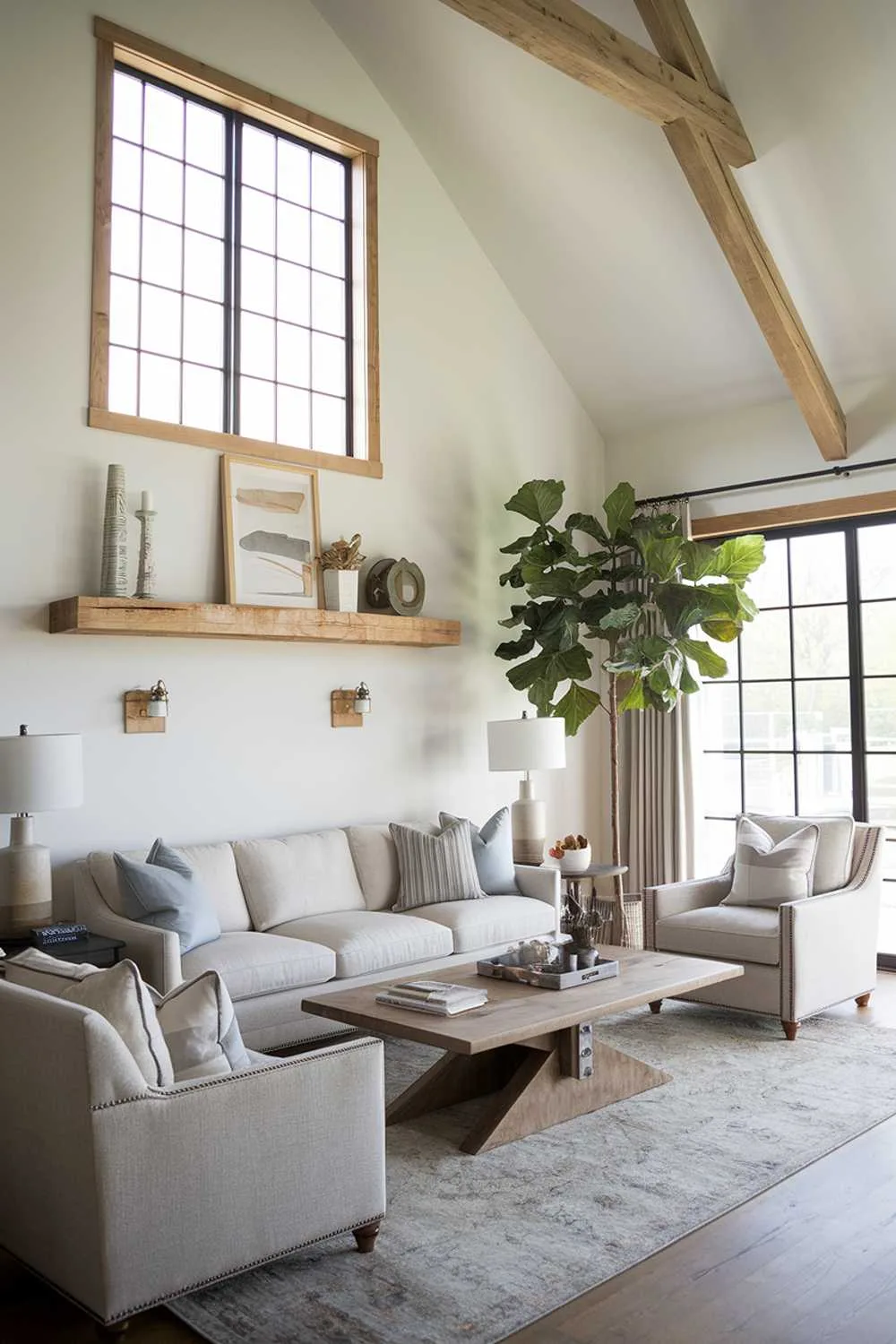 Modern farmhouse living room with large window featuring wooden beams, beige sofa, matching armchair, wooden coffee table, large plant, and white walls.
