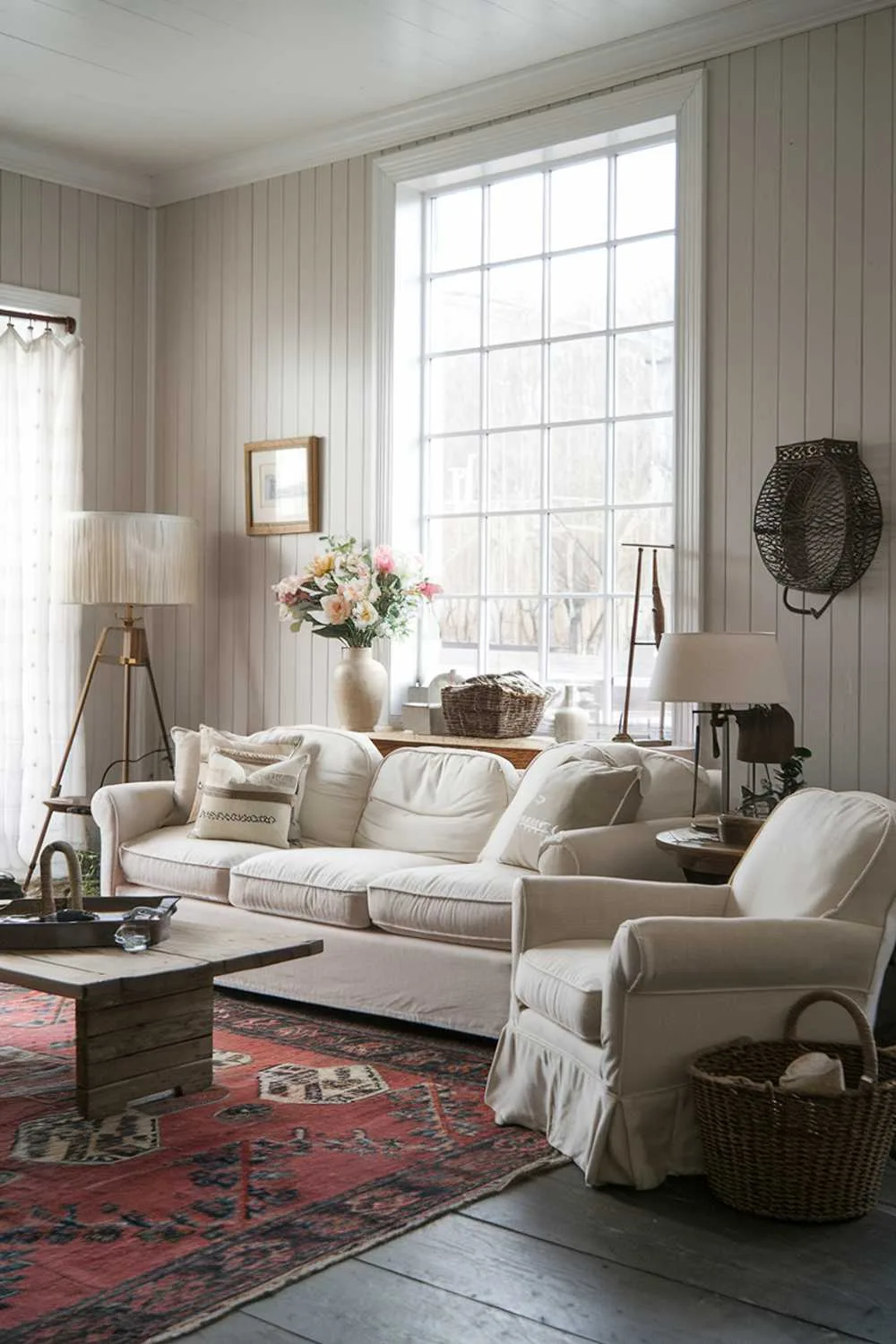 Modern farmhouse living room with large white sofa, beige cushions, beige armchair, wooden coffee table, vintage rug, floor and table lamps, wooden paneled walls, and large window.