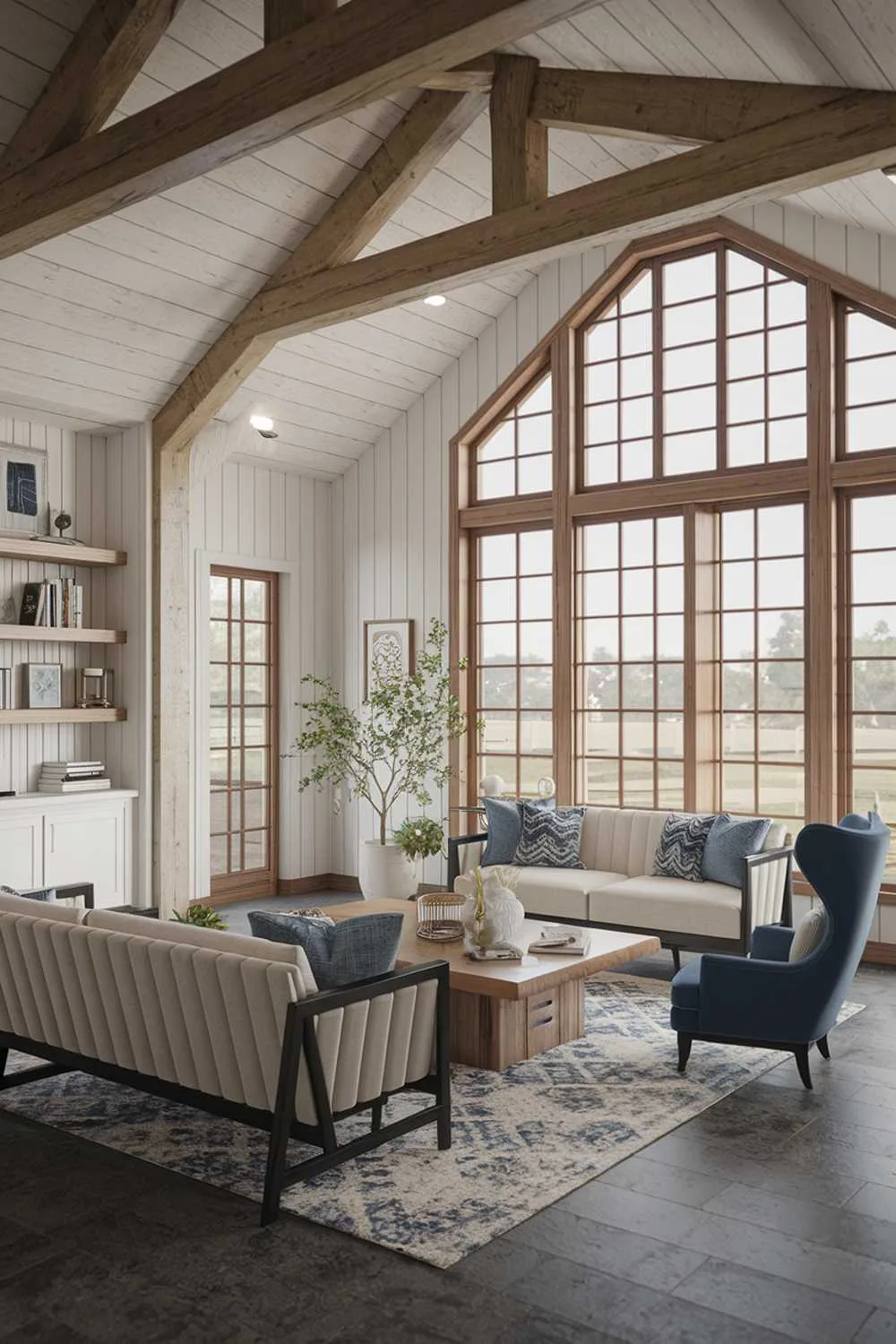 Modern farmhouse living room with wooden beam ceiling, white walls, dark gray floor, beige sofa with black legs, blue accent chair, wooden coffee table, patterned blue and white rug, white bookshelf, and large window.