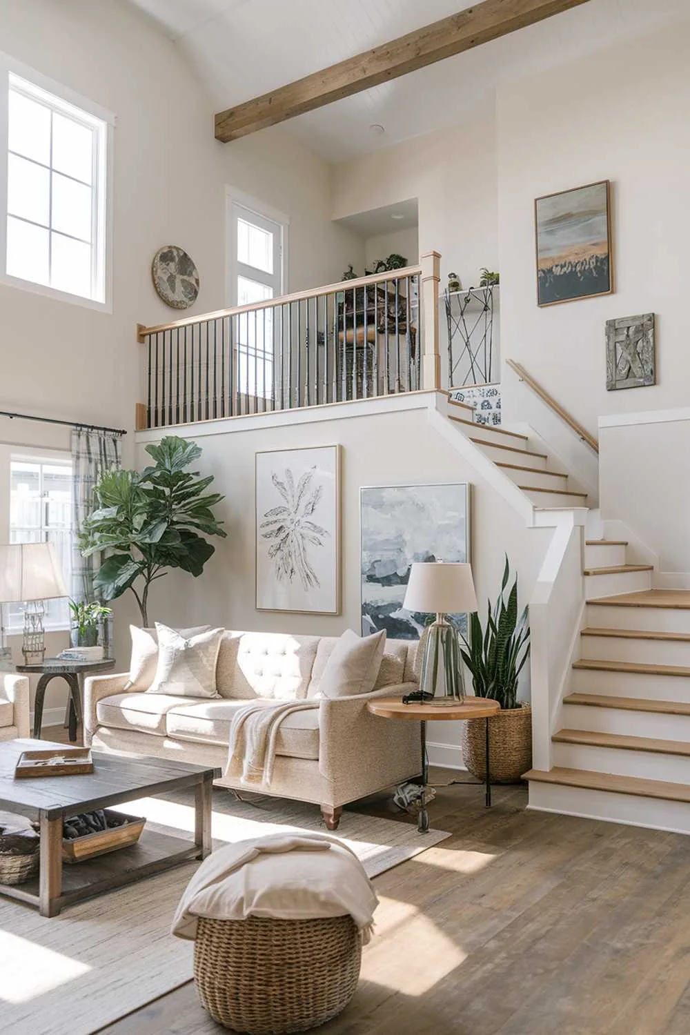 Modern farmhouse living room with high ceiling, natural light, beige sofa, wooden coffee table, loft area with wooden railing, artwork, large plant, and wooden floor.