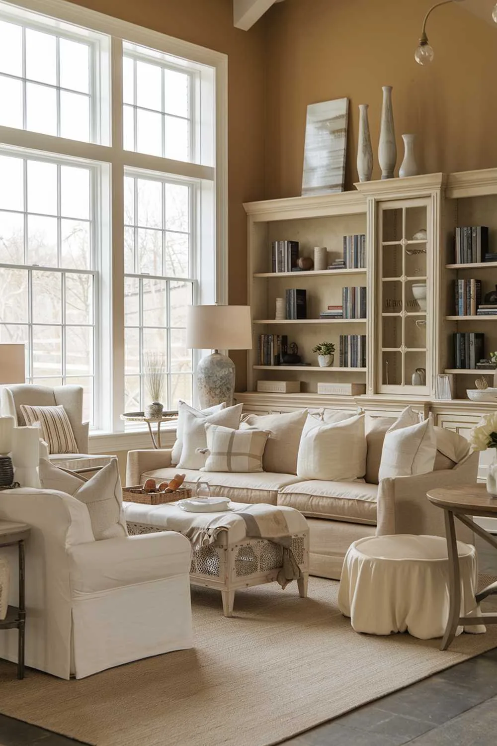 Modern farmhouse living room with beige sofa, white chair, beige rug, beige lampshade, beige table, beige cabinet, white bookshelf, warm beige walls, and large windows.