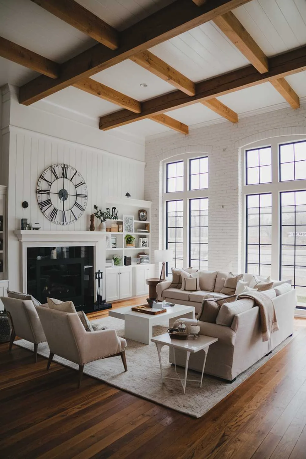Modern farmhouse living room with white brick wall, wooden beam ceiling, beige sofa, beige rug, white coffee table, black fireplace with white mantel, large wall clock, hardwood floor, and large windows.