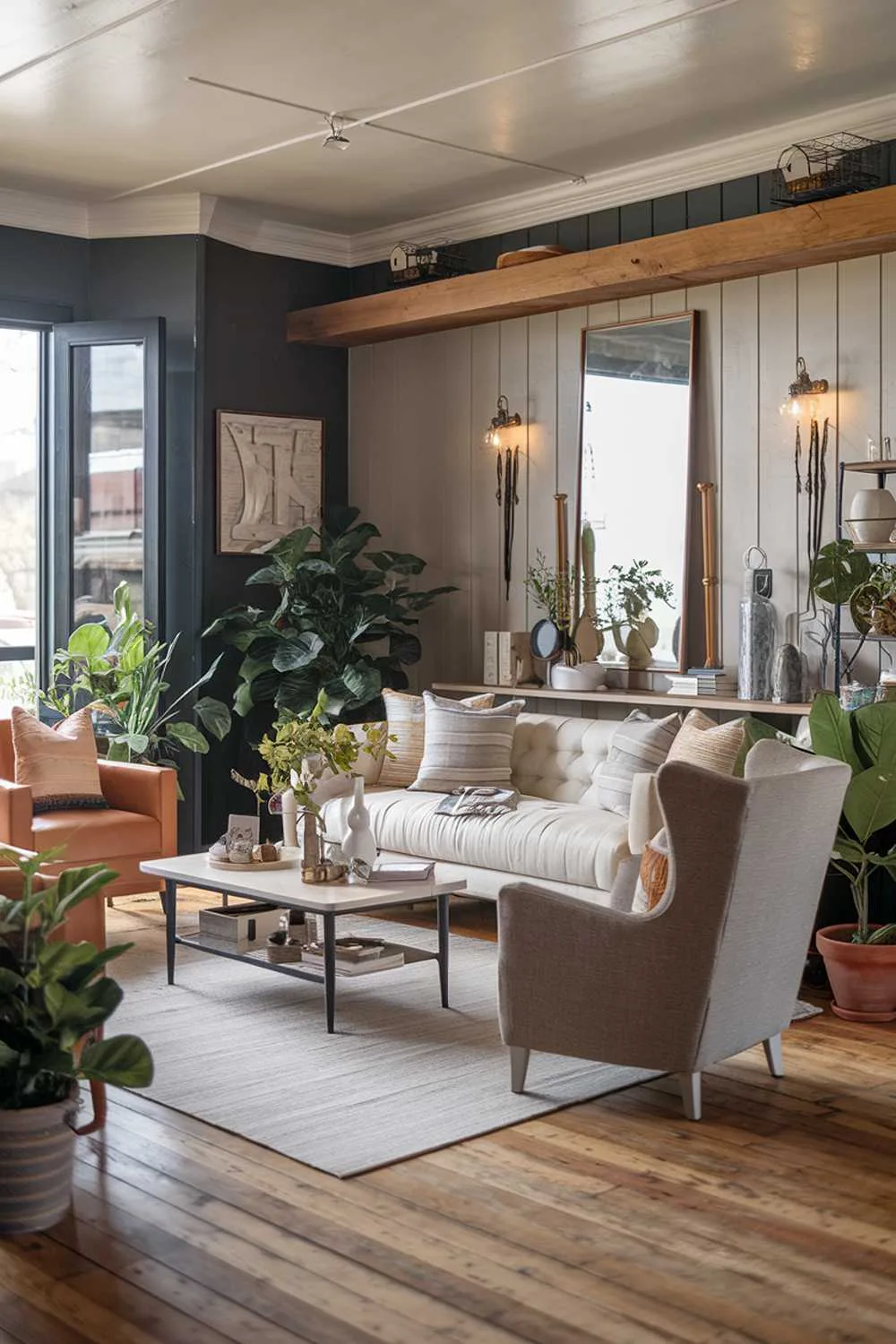 Modern farmhouse living room with beige couch, gray chair, white coffee table, wooden shelf, wooden plank floor, potted plants, large mirror, and decorative art.