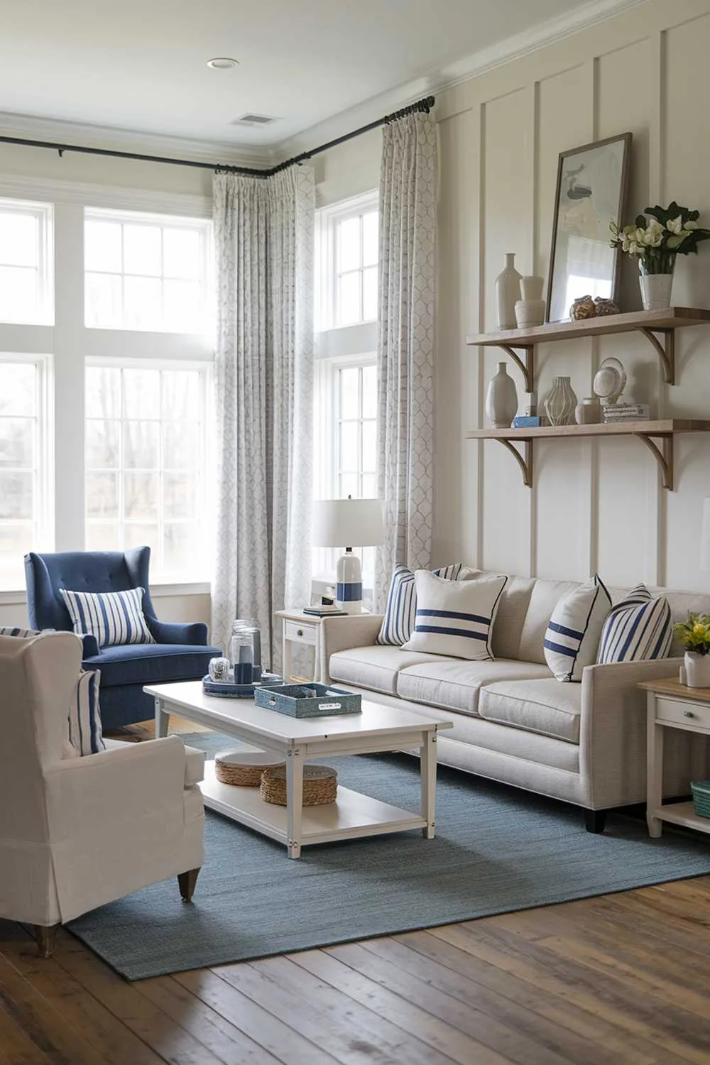 Modern farmhouse living room with beige sofa, white and blue striped pillows, blue armchair, white coffee table, beige side table, blue rug, wooden shelf, large windows with white curtains, and wooden plank floor.