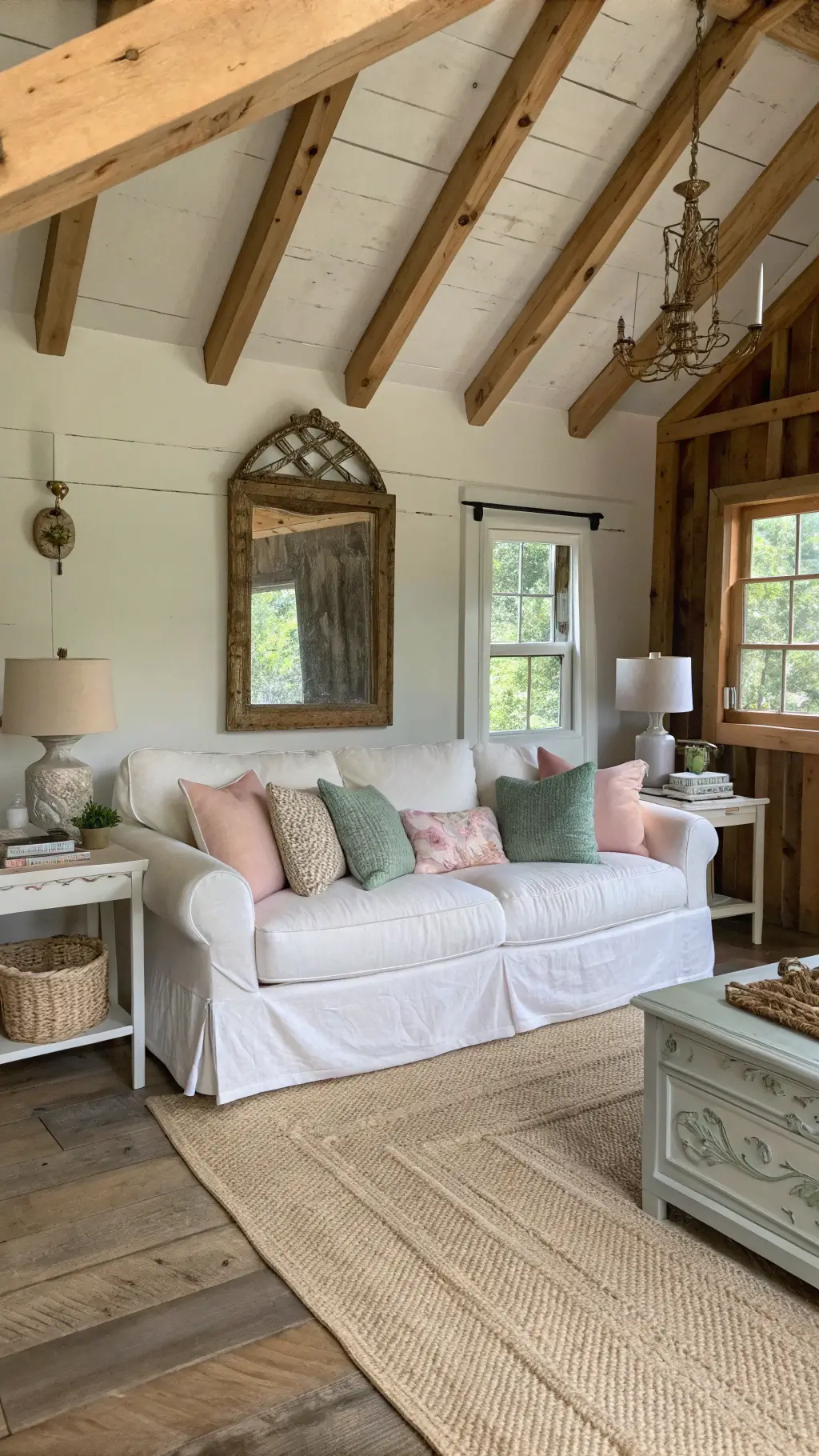 Rustic cottage living room with plush white loveseat, pink and green cushions, distressed side tables, vintage lamps, ornate mirror, braided jute rug, and weathered coffee table.