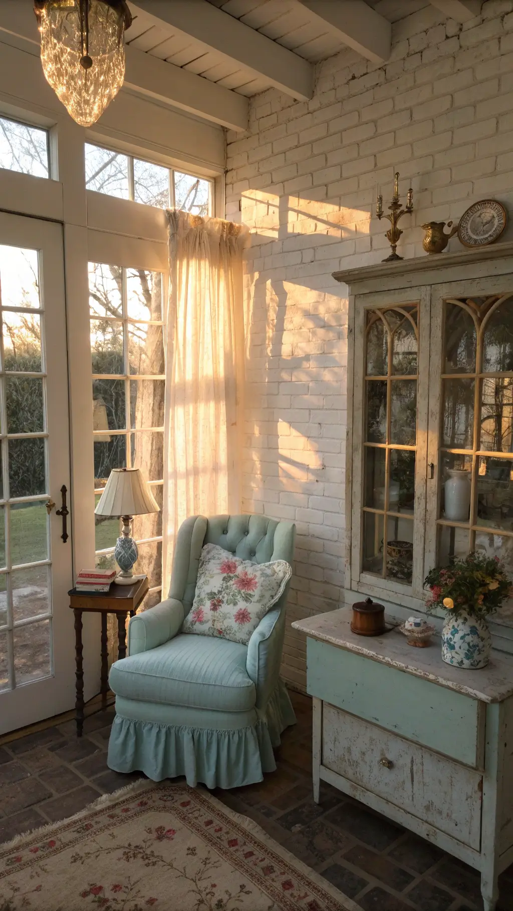Cozy sunroom with whitewashed brick walls, French doors, and vintage decor bathed in warm sunlight.