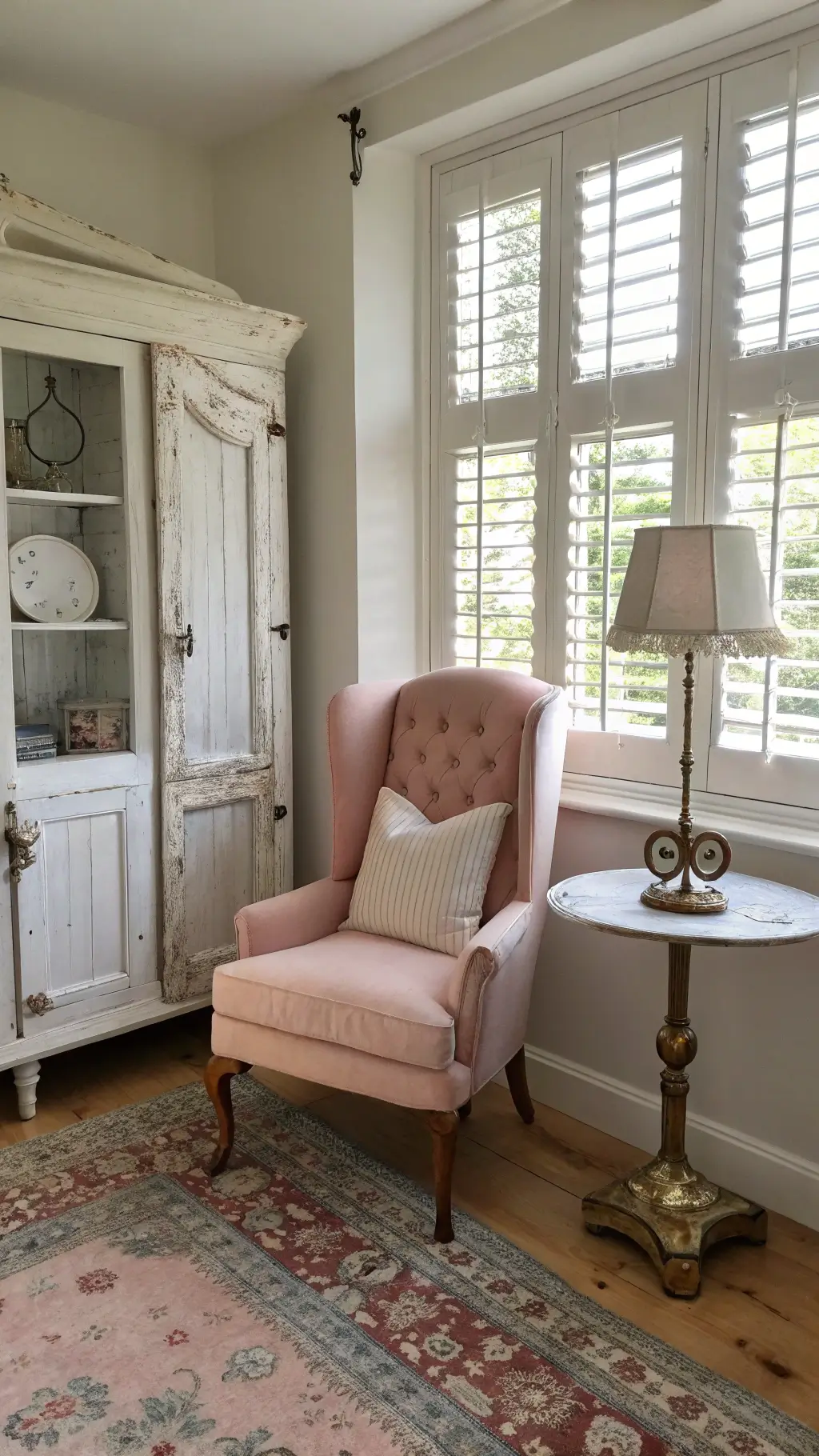 Charming sitting area with window seat, plantation shutters, pink wingback chair, distressed side table, vintage brass floor lamp, shabby chic cabinet, white ironstone collection, and rose-patterned rug on painted wooden floors.