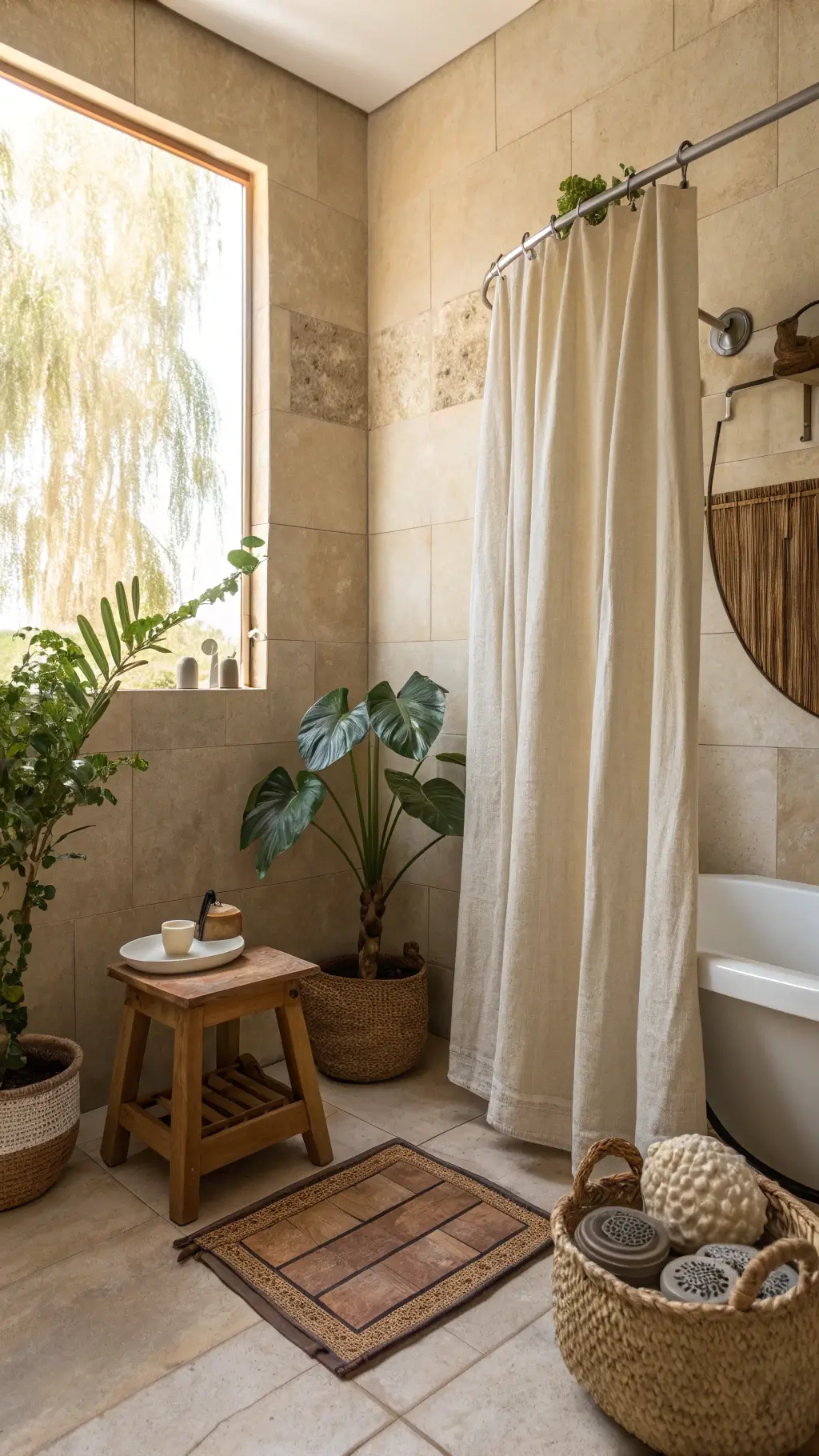 Zen bathroom with beige walls, zellige tiles, wooden stool, ceramic tray, linen shower curtain, snake plant, and teak vanity at golden hour
