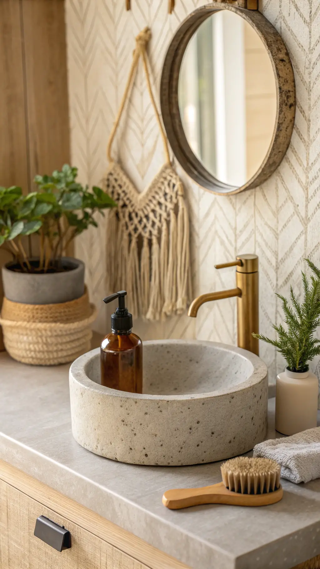 Artisanal vanity setup with concrete sink, ceramic pump bottle, wooden brush, small potted fern, vintage brass mirror, and macramé plant hanger in soft morning light
