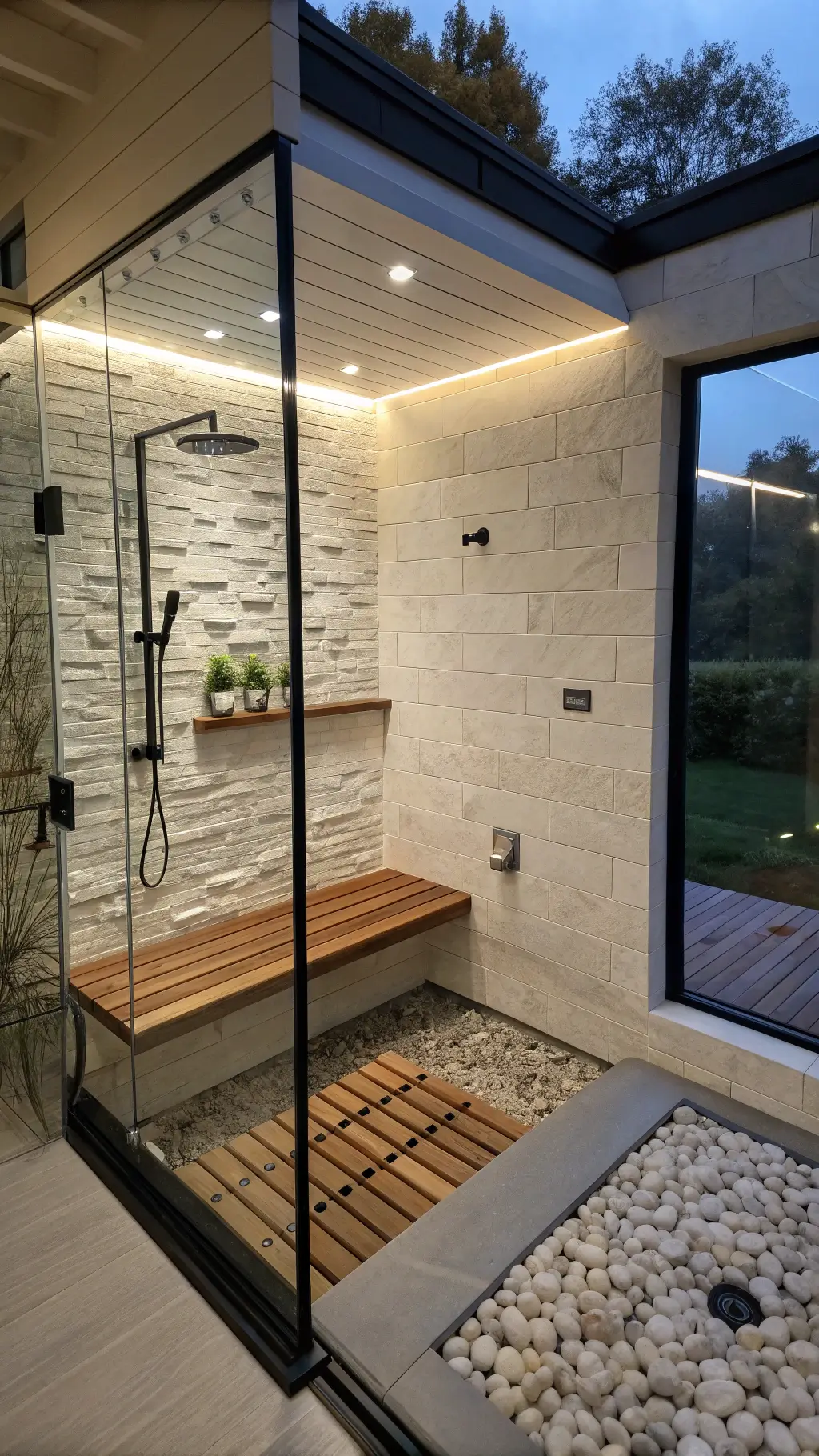 Spa-like shower sanctuary with bone white tiles, floating teak bench, brushed nickel rainfall showerhead, river rock floor, glass partition with black frame, and essential oils illuminated by warm LED strips at dusk