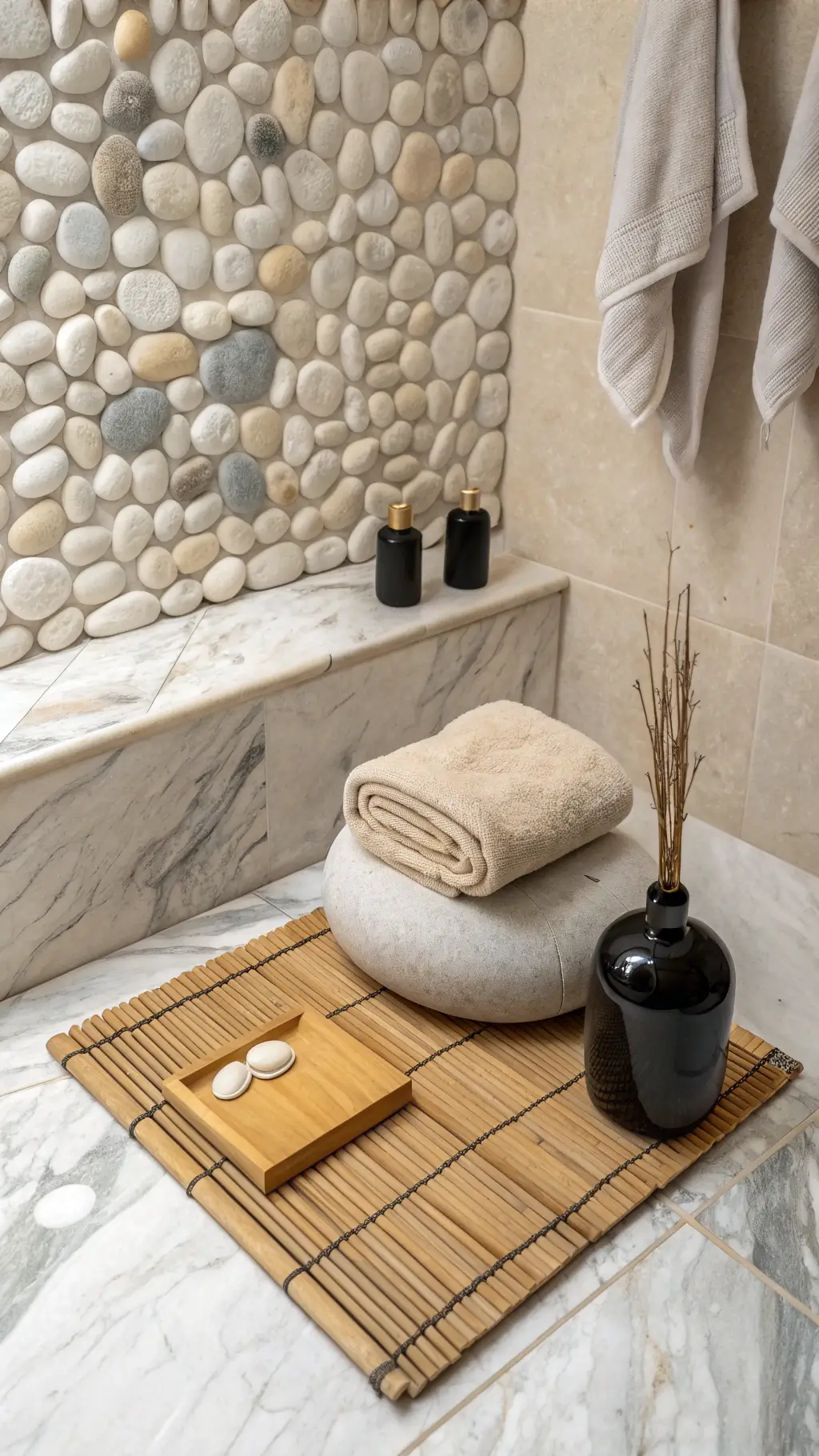 Zen-inspired meditation corner with stacked pebble wall, marble floor, bamboo bath mat, essential oil diffuser, brass hooks, Turkish towels, and linen cushion