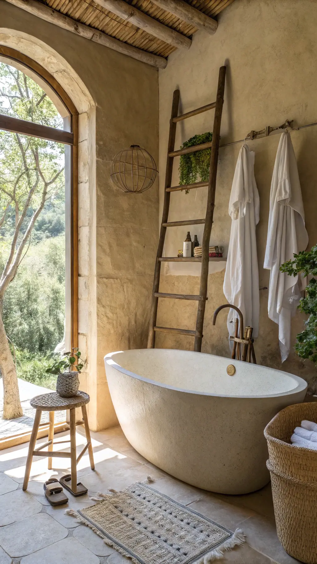 Oval tub in a luxurious bathroom with morning light filtering through sheer linen panels, vintage ladder with Turkish towels, ceramic stool, and basket of bath salts