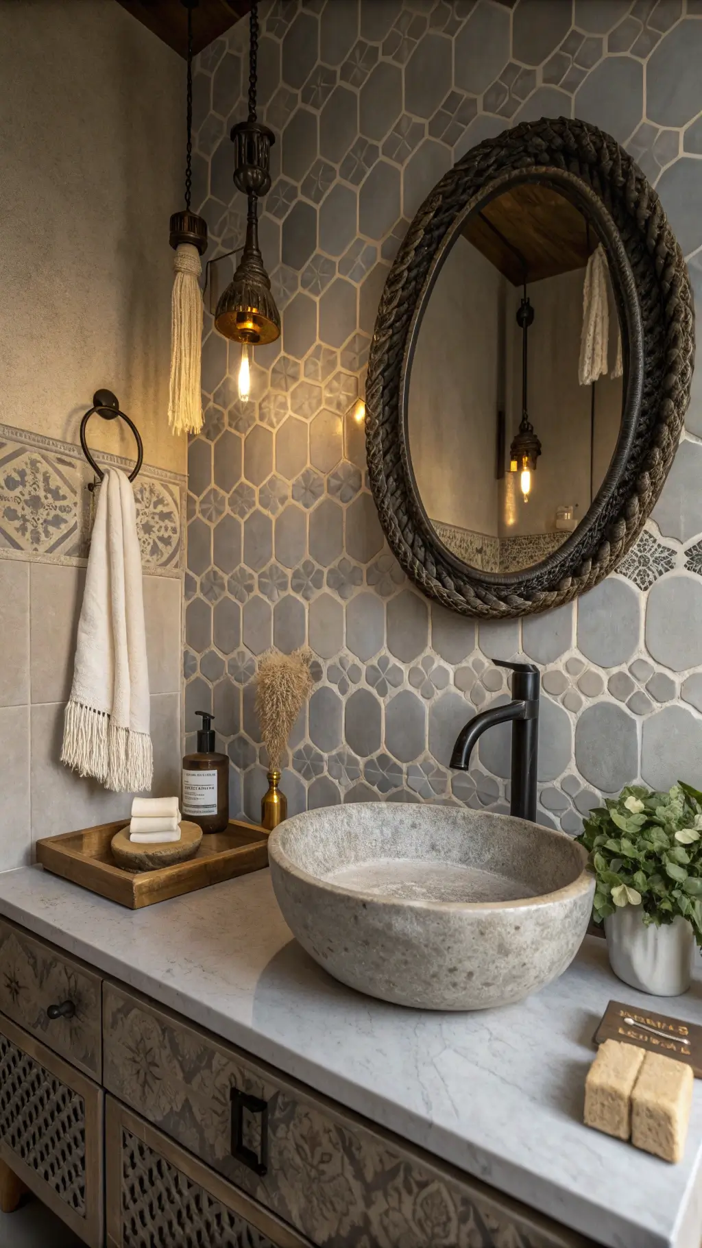 Bohemian zen bathroom with handmade dove gray zellige tiles, black wall-mounted faucet over stone vessel sink, vintage brass mirror, cotton tassel detail, crystal clusters, and palo santo on ceramic tray, woven pendant light in twilight ambiance