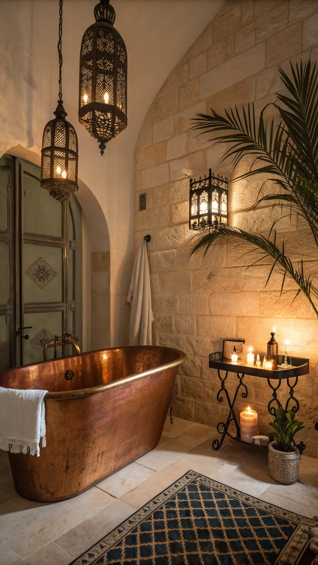 Candlelit evening bathroom with copper tub, Moroccan lanterns, limestone walls, vintage kilim runner, brass side table, aromatherapy supplies, and dried palm frond silhouette