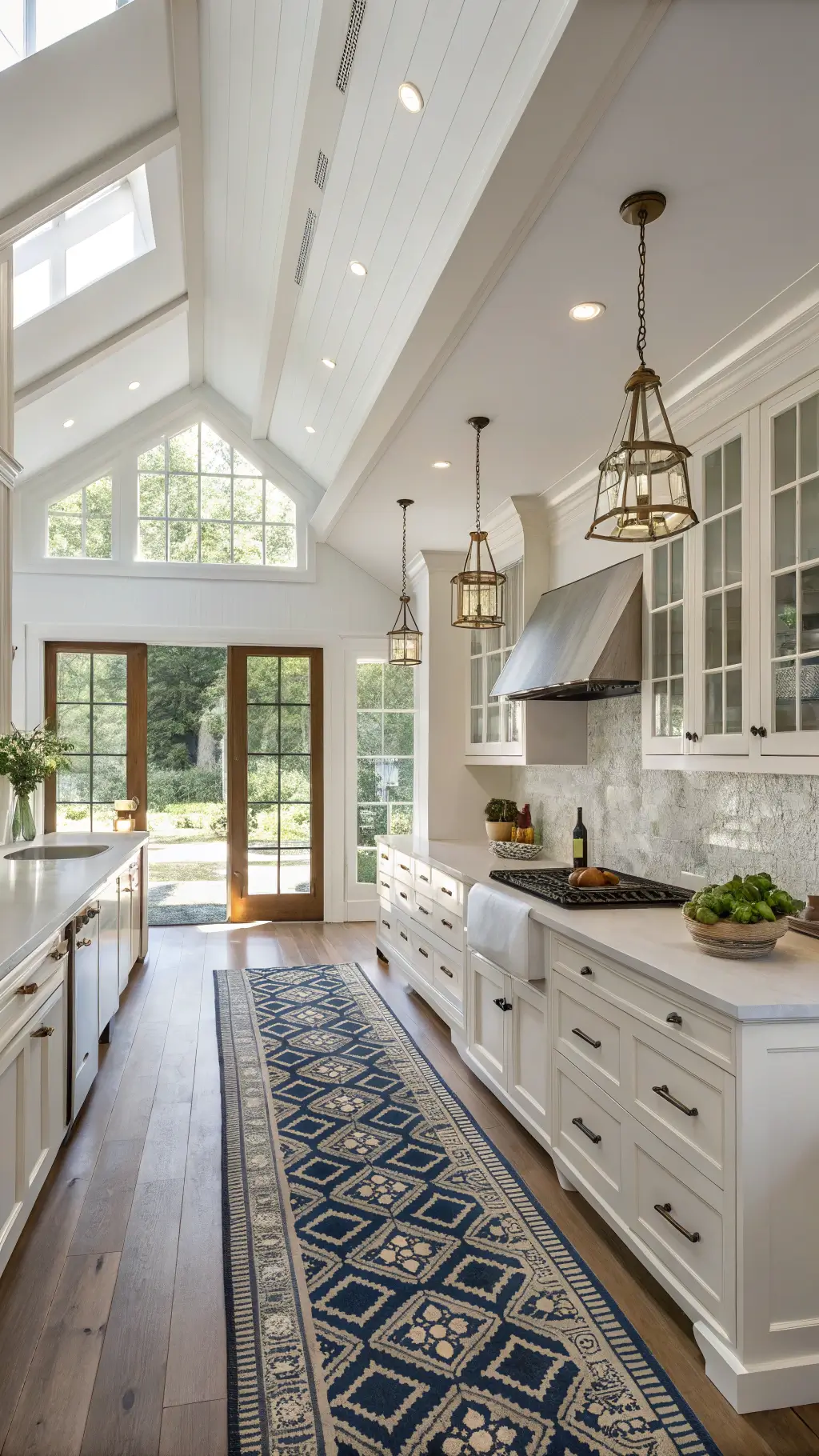 spacious open-concept kitchen bathed in mid-afternoon light showcasing white cabinets with soapstone counters, aged brass hardware, industrial pendant lights, vintage enamelware, and a long antiqued navy cream runner marking the cooking zone
